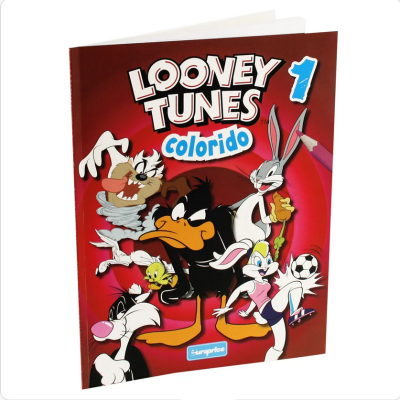 Livro infantil colorido de Looney Tunes com personagens animados na capa vermelha.