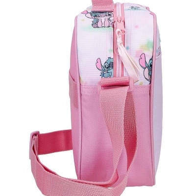 Mala pequena cor-de-rosa com estampa de personagens e fecho rosa