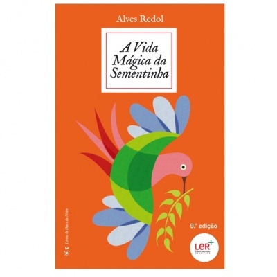 Capa de livro laranja com título, autor e pássaro colorido segurando ramo verde