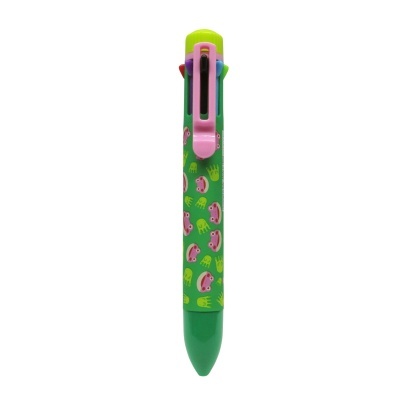Caneta multicolor com corpo verde decorado com rãs e clip rosa