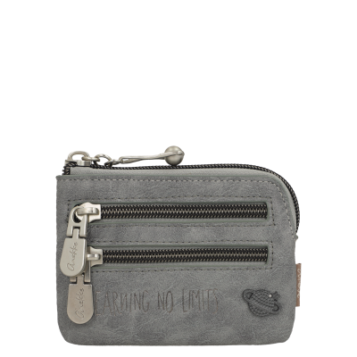 Carteira cinzenta com dois fechos zip e texto LEARNING NO LIMITS