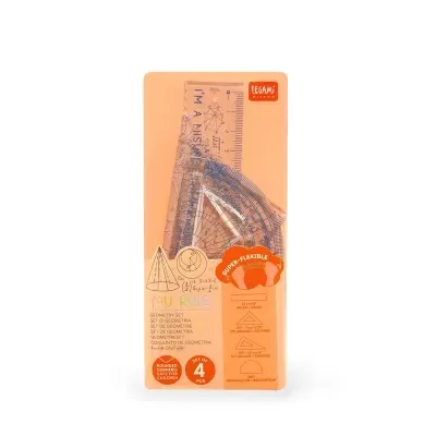 Conjunto de réguas geométricas azuis em embalagem laranja