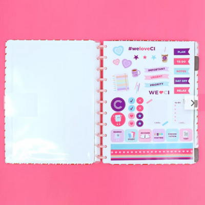 Fichário aberto com autocolantes coloridos e texto em inglês sobre fundo rosa.