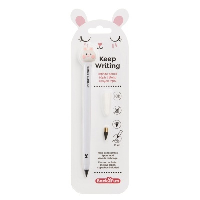 Lápis infinito branco com cabeça de coelho em embalagem branca com texto e logo Back2Fun