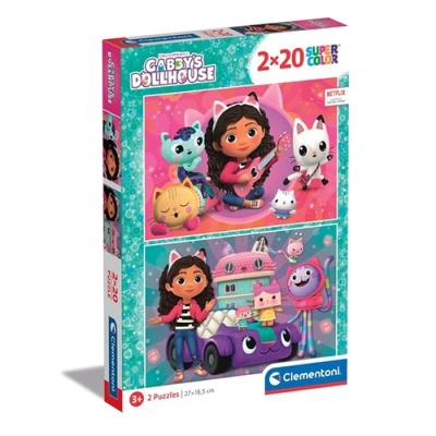 Caixa de puzzles GABBYS DOLLHOUSE com 2 puzzles 20 peças, personagens coloridos e embalagem azul-cor de rosa.