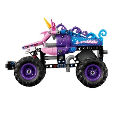 Carro de brinquedo tipo monstro com cores rosa, roxo e azul e texto Sparkle SMASH