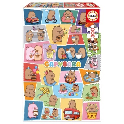 Caixa de puzzle EDUCA CAPYBARA com 300 peças e várias ilustrações de capivaras coloridas.