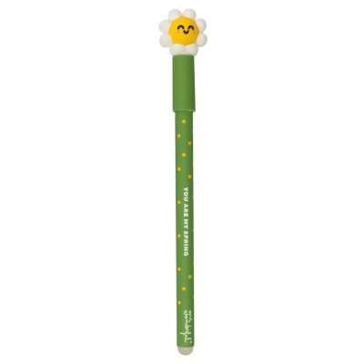 Caneta verde com tampa em forma de flor sorridente