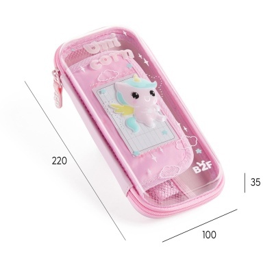Estojo escolar rosa com tampa transparente e decoração de unicórnio
