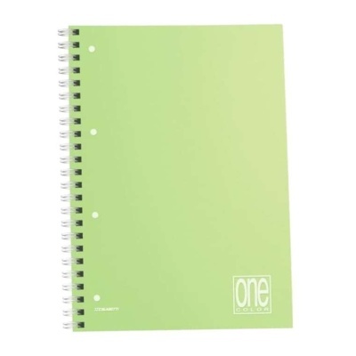 Caderno verde claro com espiral preta e texto branco one COLOR
