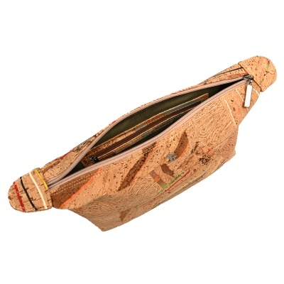 Bolsa tipo saco de cortiça natural com fecho de correr e detalhes decorativos