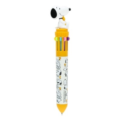 Caneta multicolor com personagem Snoopy no topo e estampas do Snoopy e Woodstock