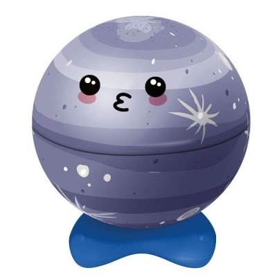 Esfera decorativa azul e lilás com rosto e estrelas