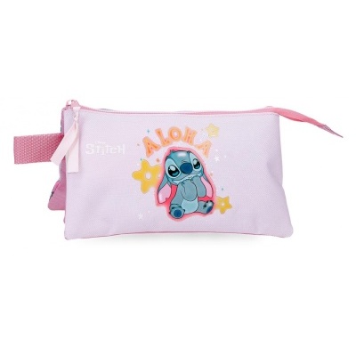 Estojo escolar rosa claro com estampa do Stitch e texto ALOHA