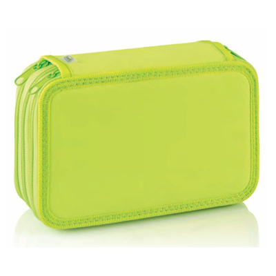 Estojo retangular amarelo esverdeado com dois fechos de correr e costuras reforçadas