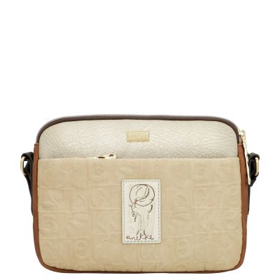 Mala de ombro bege e castanha com desenho Anekke em relevo