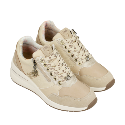 Ténis de senhora bege com atacadores e fecho lateral