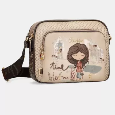 Bolsa de tiracolo Anekke bege e castanha com ilustração e texto