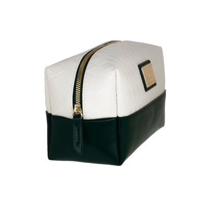 Necessaire retangular branca e preta com fecho de correr dourado