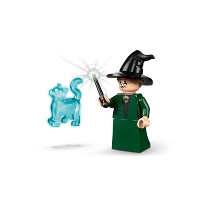 Figura LEGO de bruxa com vestido verde escuro e gato translúcido azul
