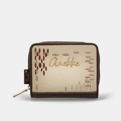 Carteira pequena Anekke castanho e bege com bordados e fecho