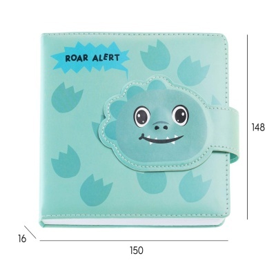 Álbum fotográfico azul turquesa com desenho de dinossauro e texto ROAR ALERT