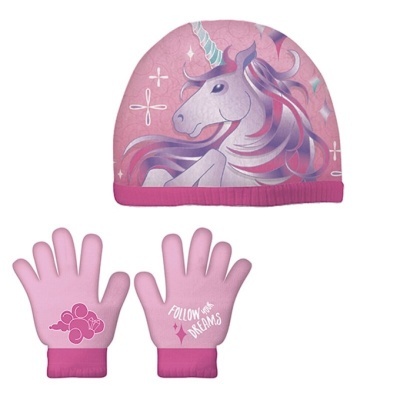 Conjunto infantil de gorro e luvas rosa com estampa de unicórnio e frases.