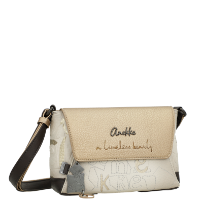 Mala de ombro bege e castanha com inscrição 'Anekke a timeless beauty'