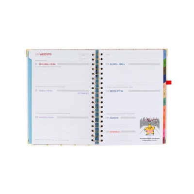 Agenda semanal aberta com páginas datadas e ilustração de estrela amarela e texto motivacional.