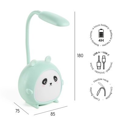 Luminária infantil verde claro em forma de panda com pescoço flexível e ícones de bateria e USB