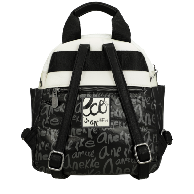 Mochila pequena preta e branca com padrão de texto Anekke