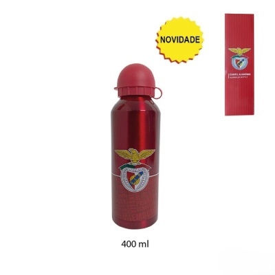 Garrafa alumínio vermelha com tampa rosa e emblema colorido.