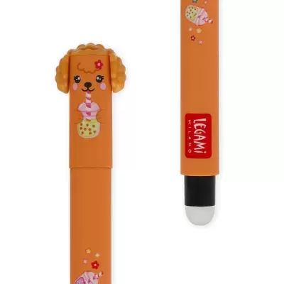 Caneta laranja com tampa em forma de cabeça de cão e padrão de gelados