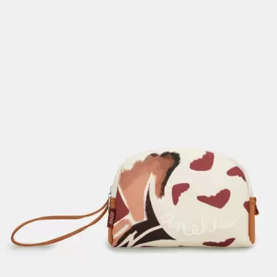 Bolsa de maquilhagem Anekke em padrão castanho e creme com alça castanha