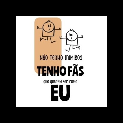 Imagem com bonecos desenhados e texto em português sobre fãs e inimigos