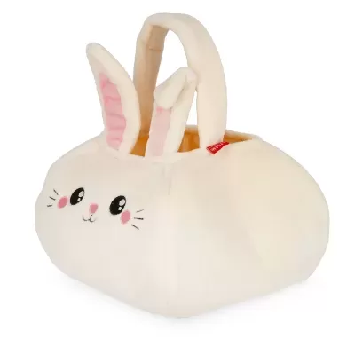 Bolsa de tecido em forma de coelho creme com orelhas rosadas e rosto bordado