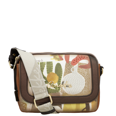 Mala Anekke com padrão colorido e detalhes castanhos