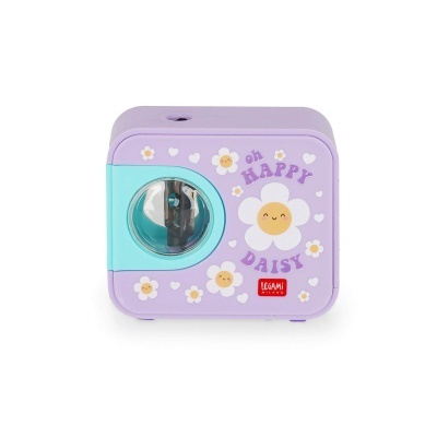 Apontador manual lilás e azul com decoração de flores e texto