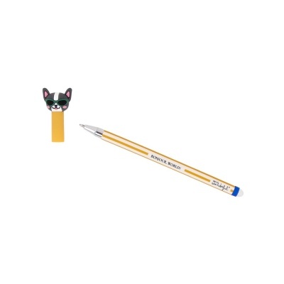 Caneta amarela com tampa decorativa de cão a usar óculos de sol