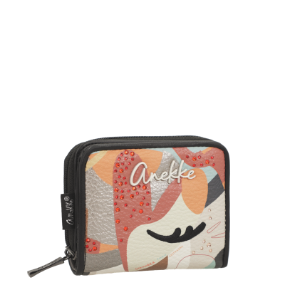 Carteira pequena colorida com padrões abstratos e nome Anekke em relevo