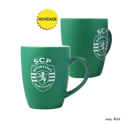 Duas canecas verdes Sporting Portugal com selo NOVIDADE e texto emb. 4/24