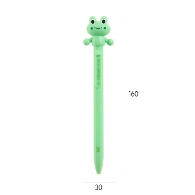 Caneta verde claro com personagem de rã na extremidade