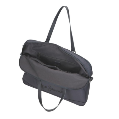 Mala de ombro azul escuro e preto aberta com fecho