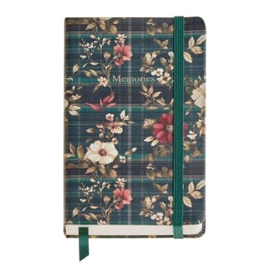 Caderno com capa xadrez verde e flores com elástico e fita verde