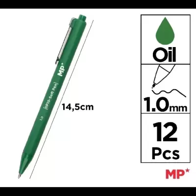 Caneta esferográfica verde com clip metálico e texto branco, 14,5cm, tinta óleo 1.0 mm, 12 peças, logo MP*