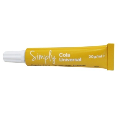 Tubo amarelo de cola universal Simply com tampa branca e texto branco e preto