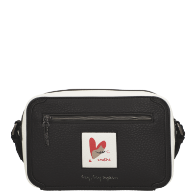 Mala de ombro preta com detalhes brancos e etiqueta colorida