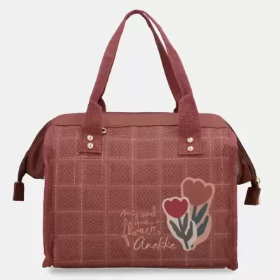 Mala de mão castanha com padrão de quadrículas e estampas de flores
