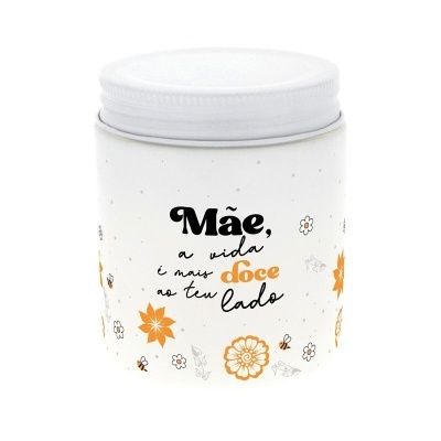 Frasco branco decorado com flores e texto em português para mãe