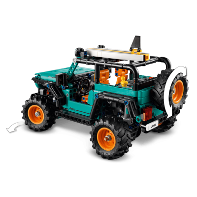 Modelo de brinquedo Jeep de blocos de construção verde água com rodas laranja e pneus pretos, detalhes em preto e texto Jeep.